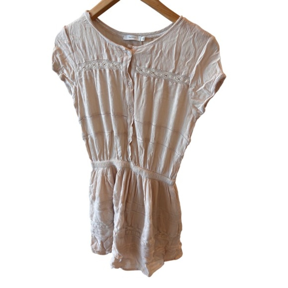 TALULA short sleeve button front mini dress light khaki crochet detail size S
